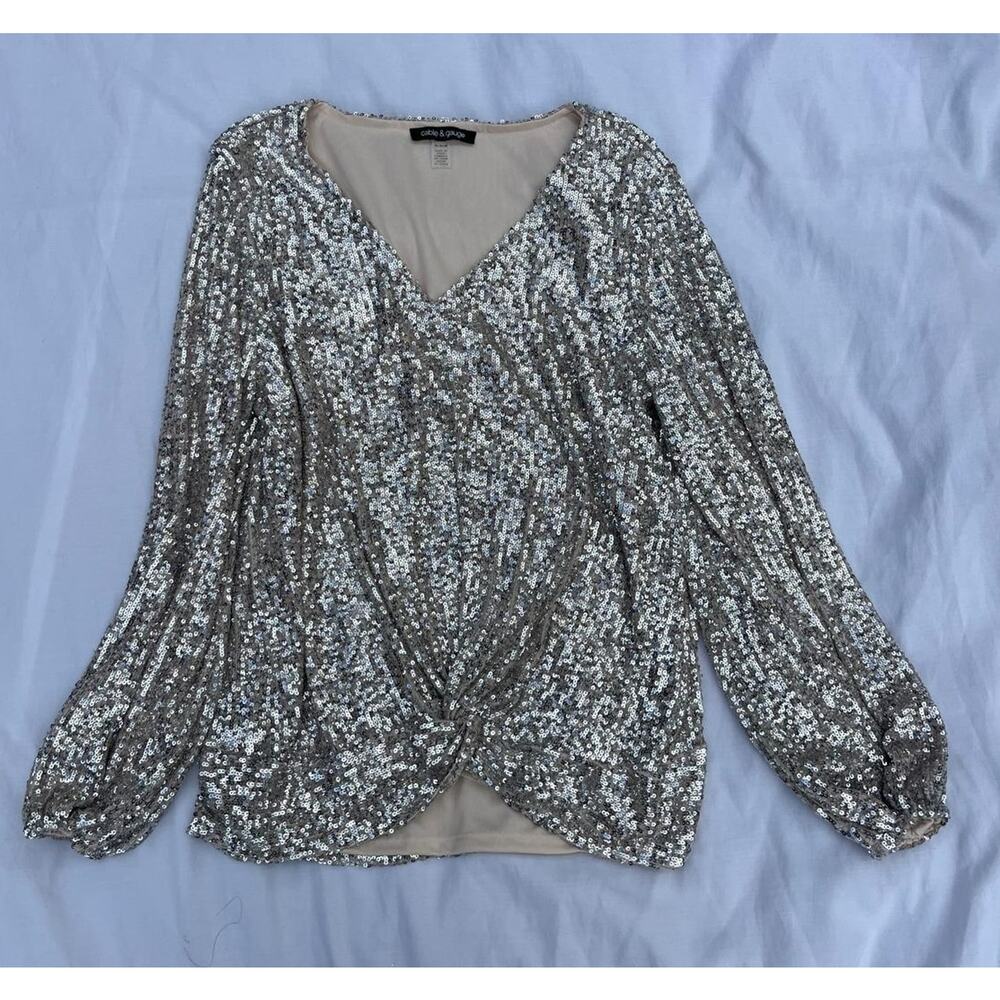 Cable & Gauge Silver Sequin Blouse Women’s M Short Sleeve Scoop Neck Party Top